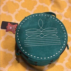 American Darling turquois  Suede Round Crossbody Bag with White Boot  Stitching